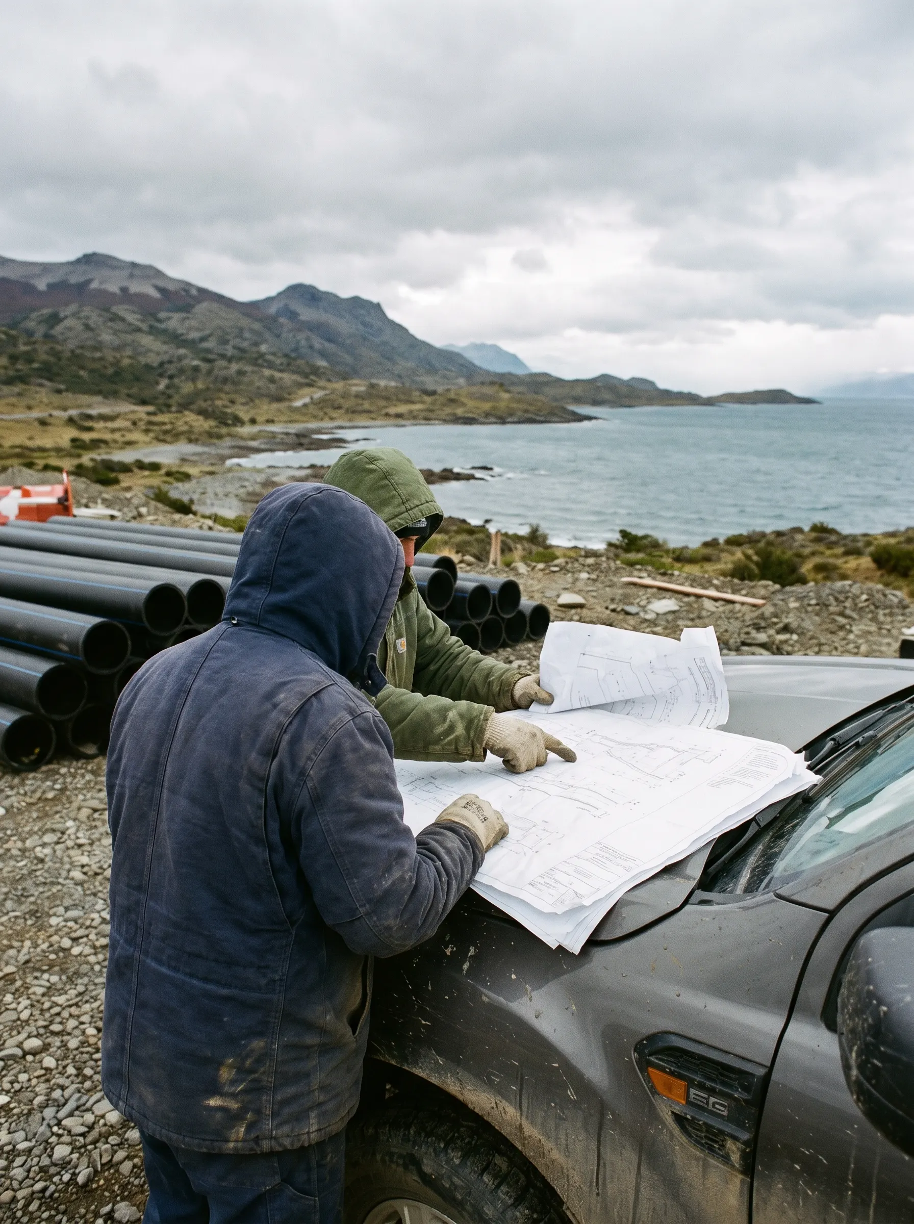 Dos personas revisando planos sobre el capó de una camioneta, con tubería HDPE acopiada y la costa al fondo.