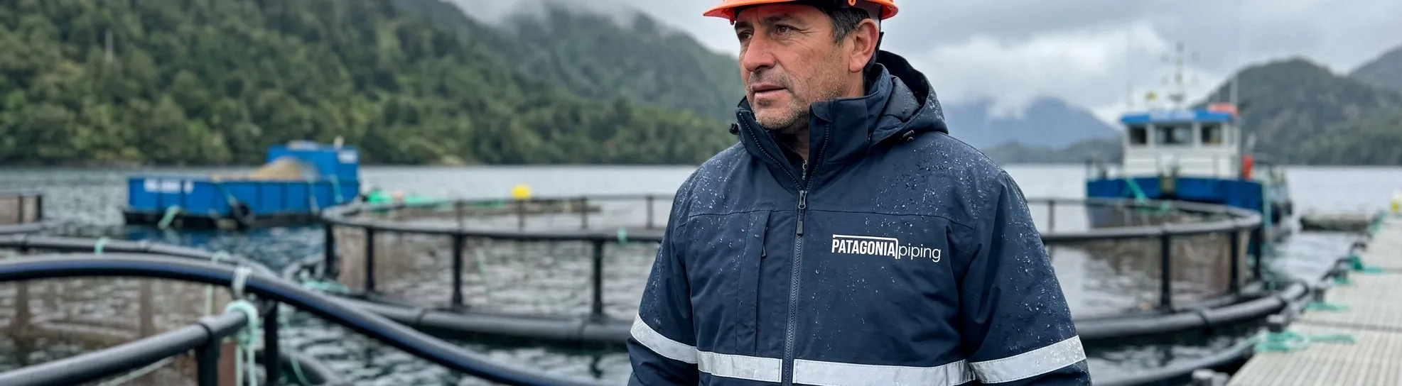 Un trabajador con casco naranjo y la chaqueta de la empresa en la pasarela de un centro de cultivo; detrás, las jaulas, una embarcación y el fiordo.
